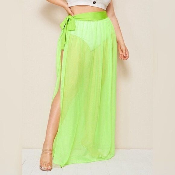 Neon Cover Up High Slit Sheer Beach Skirt - Picture 1 of 5